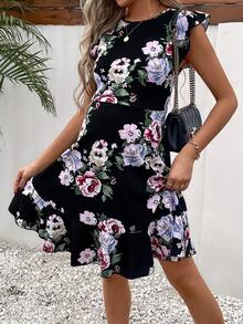 SHEIN Maternity Floral Print Ruffle Hem Dress - Black - View 5