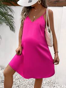 SHEIN Váy Bà bầu Lộ Lưng màu trơn Giải trí - Màu Hồng Tươi - Xem 3