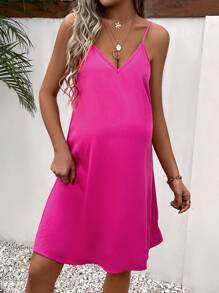 SHEIN Váy Bà bầu Lộ Lưng màu trơn Giải trí - Màu Hồng Tươi - Xem 4