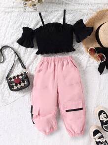 Toddler Girls Cold Shoulder Flounce Sleeve Top & Flap Pocket Trousers - Multicolor - View 1