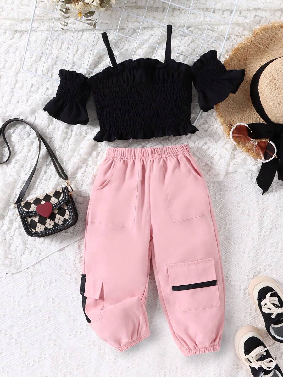 Toddler Girls Cold Shoulder Flounce Sleeve Top & Flap Pocket Trousers - Multicolor - View 1