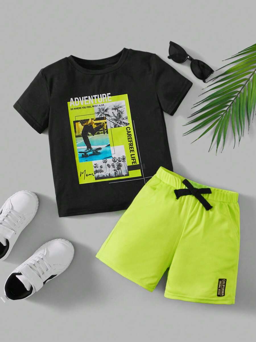 SHEIN 小男童標語和人像圖案上衣和補丁貼短褲套裝 - 彩色 - 查看 1