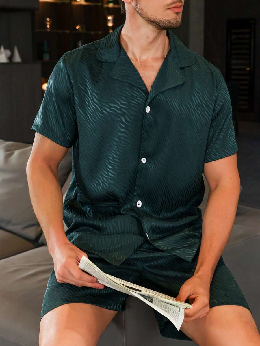 Hombres jacquard de satén Camisa & Shorts Conjunto de pijama - Verde Oscuro - Ver 1