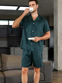 Hombres jacquard de satén Camisa & Shorts Conjunto de pijama - Verde Oscuro - Ver 3