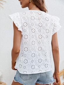 SHEIN Frenchy 缺口領蝴蝶袖網眼刺繡襯衫 - 白色 - 查看 5