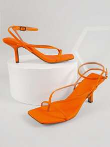 SHUZIA Vegan Leather Square Toe Buckled Ankle Strap Heels - Orange - View 1