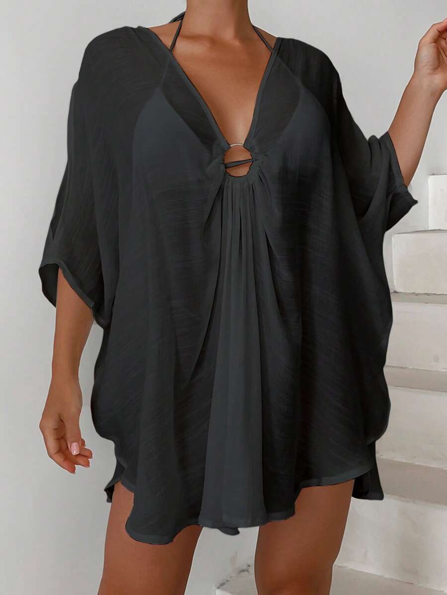 SHEIN Swim Summer Beach Ring Linked Split Sleeve Asymmetrical Hem Cover Up Bathing Suit Cover Up