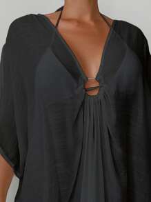 SHEIN Swim Summer Beach Ring Linked Split Sleeve Asymmetrical Hem Cover Up Bathing Suit Cover Up