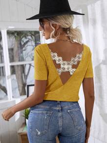 SHEIN LUNE Floral Lace Crisscross Tee - Yellow - View 1