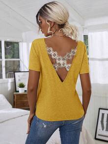 SHEIN LUNE Floral Lace Crisscross Tee - Yellow - View 2
