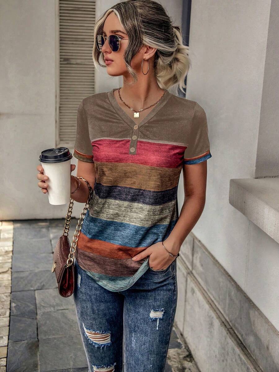 SHEIN LUNE Striped Print Curved Hem Tee - Multicolor - View 1