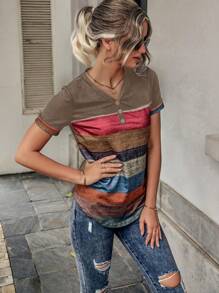 SHEIN LUNE Striped Print Curved Hem Tee - Multicolor - View 3