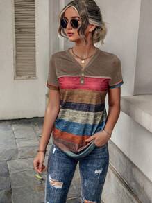 SHEIN LUNE Striped Print Curved Hem Tee - Multicolor - View 4