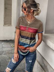 SHEIN LUNE Striped Print Curved Hem Tee - Multicolor - View 5