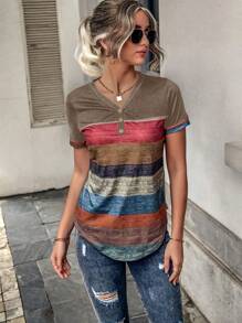 SHEIN LUNE Striped Print Curved Hem Tee - Multicolor - View 6