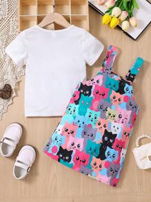 SHEIN 女小童卡通字母可愛貓樣式圓領常規袖2入組套裝適合夏天 - 彩色 - 查看 2