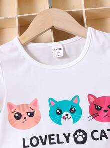 SHEIN 女小童卡通字母可愛貓樣式圓領常規袖2入組套裝適合夏天 - 彩色 - 查看 3