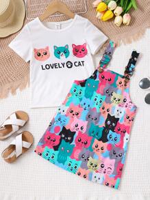 SHEIN 女小童卡通字母可愛貓樣式圓領常規袖2入組套裝適合夏天 - 彩色 - 查看 5