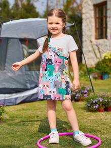 SHEIN 女小童卡通字母可愛貓樣式圓領常規袖2入組套裝適合夏天 - 彩色 - 查看 6