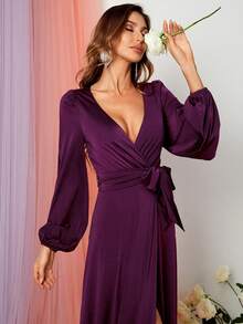Đầm phù dâu dự tiệc thanh lịch, tay xẻ tà, buộc dây, xẻ cao. - Màu tím - Xem 4