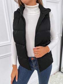 SHEIN Tall Zipper Hooded Vest Padded Coat - Black - View 1