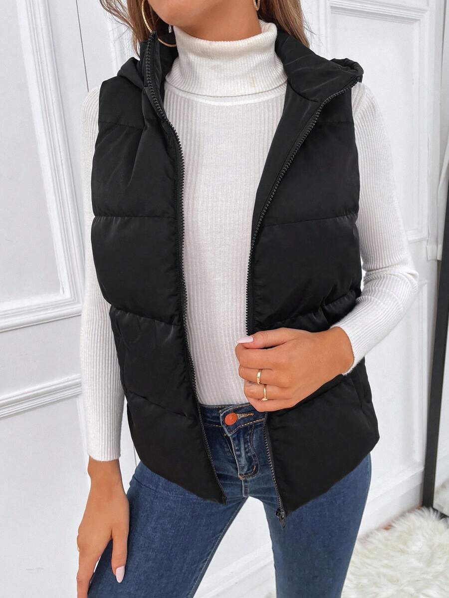 SHEIN Tall Zipper Hooded Vest Padded Coat - Black - View 1