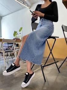 DAZY High Waist Split Thigh Denim Skirt Jeans Skirt - Light Wash - View 5