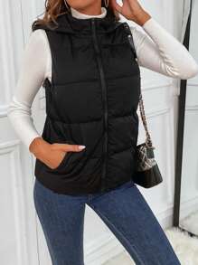 SHEIN Tall Zipper Hooded Vest Padded Coat - Black - View 3
