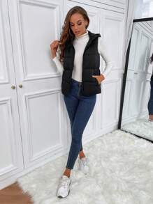 SHEIN Tall Zipper Hooded Vest Padded Coat - Black - View 4