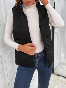 SHEIN Tall Zipper Hooded Vest Padded Coat - Black - View 5