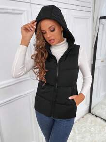 SHEIN Tall Zipper Hooded Vest Padded Coat - Black - View 6