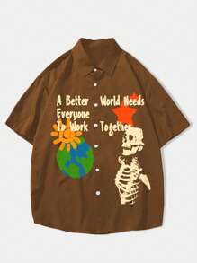 ROMWE MEN Street Life Áo sơ mi Nam Nút phía trước Lễ Các Thánh Slogan Đường phố - Cà phê nâu - Xem 1