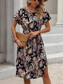 SHEIN LUNE 印花蝙蝠袖繫腰帶洋裝