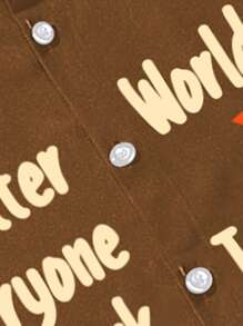 ROMWE MEN Street Life Áo sơ mi Nam Nút phía trước Lễ Các Thánh Slogan Đường phố - Cà phê nâu - Xem 7