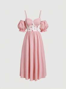 SHEIN MOD Floral Print Cold Shoulder Dress - Baby Pink - View 1