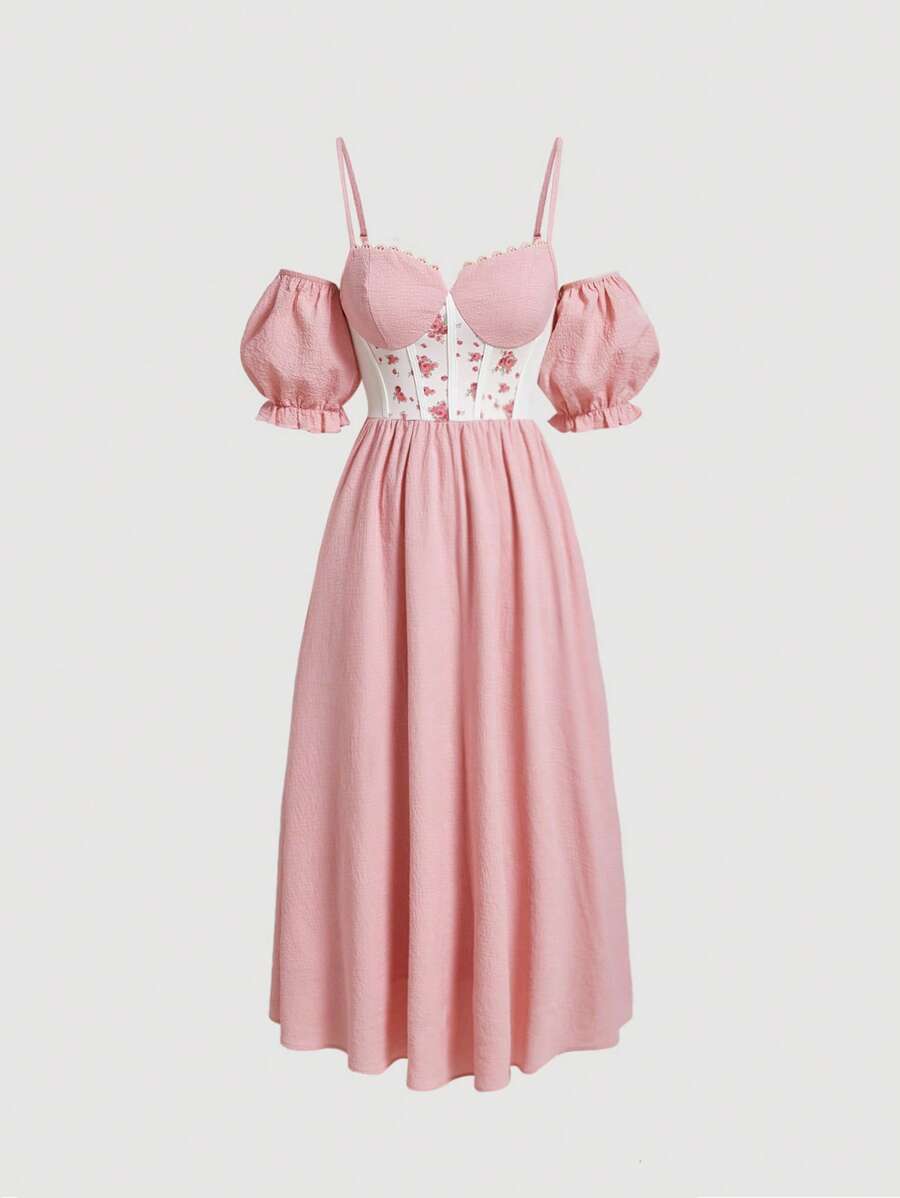 SHEIN MOD Floral Print Cold Shoulder Dress - Baby Pink - View 1