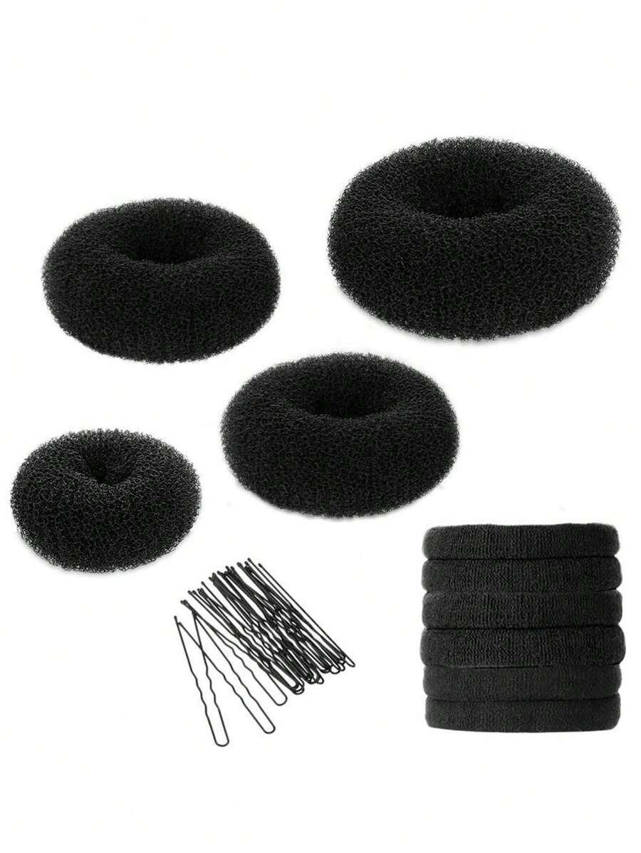 Hair Bun Maker Kit - 4pcs Donut Bun Maker (1 Large, 2 Medium, And 1 Small), 6pcs Elastic Hair Ties, 20pcs Hair Bobby Pins, Black - Black - View 1