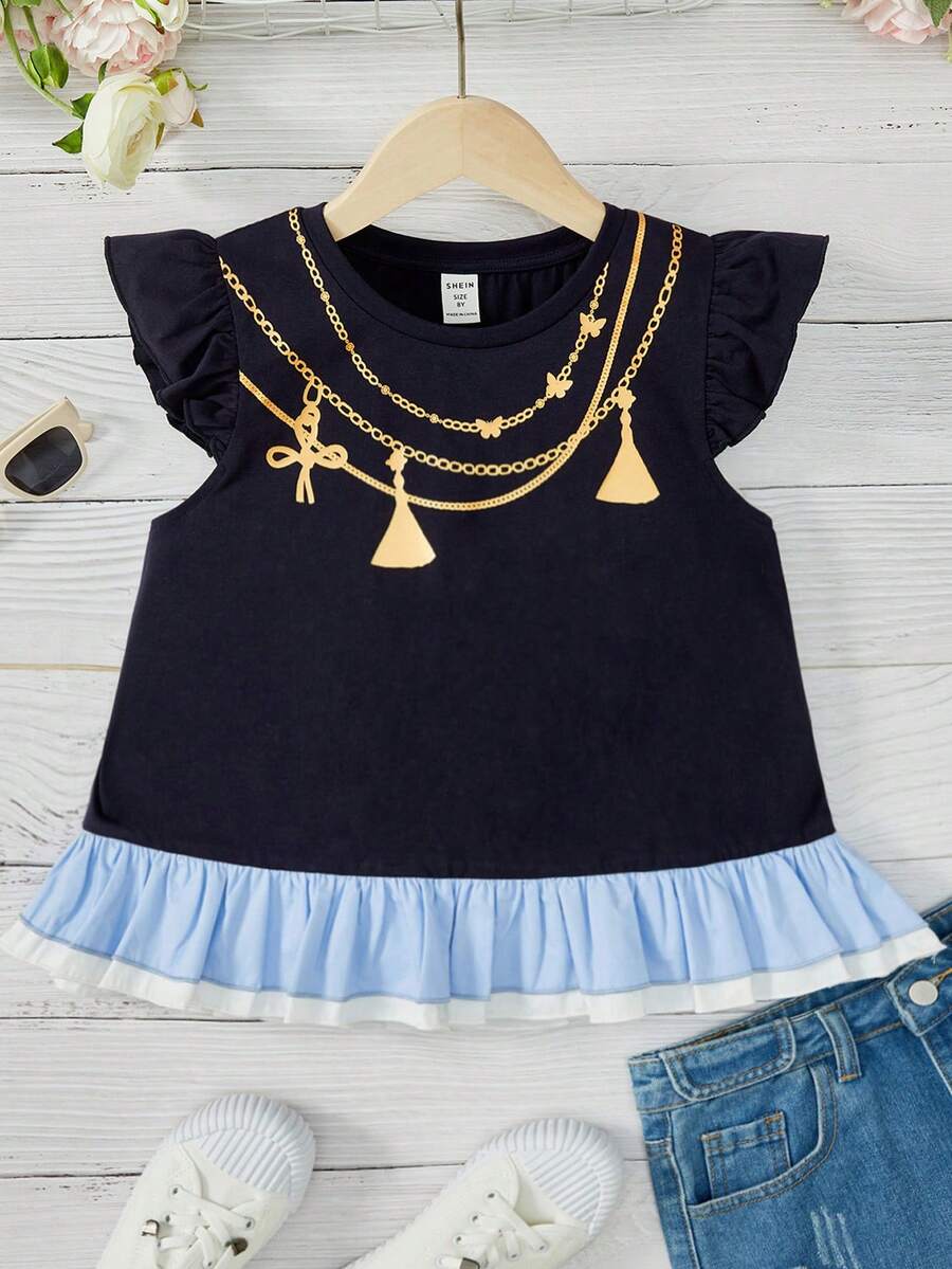 SHEIN 女孩錬條圖案荷葉邊T恤 - 黑色 - 查看 1