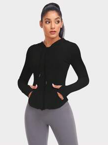 VUTRU Solid Drop Shoulder Hooded Sports Jacket - Black - View 3