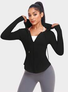 VUTRU Solid Drop Shoulder Hooded Sports Jacket - Black - View 5