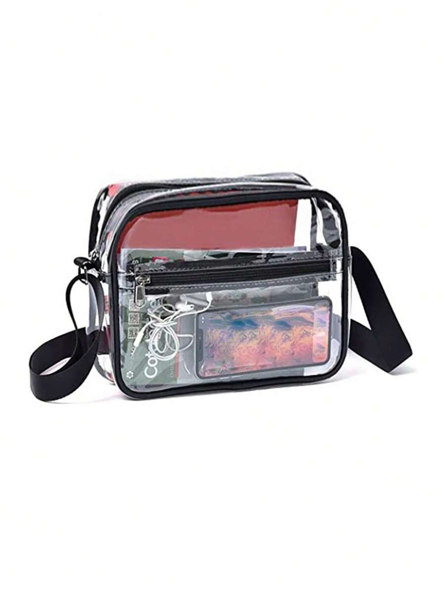 Bolso de mensajero transversal transparente aprobado por el estadio, bolso transparente con correa ajustable apto para trabajo, viaje, entrenamiento, concierto o eventos deportivos, bolso transparente aprobado por el estadio de 12 X 12 X 6 para conciertos, eventos deportivos, festivales, bolsa escolar para graduados, adolescentes, estudiantes universitarios y de secundaria, perfecto para exteriores, viajes y vuelta al cole, bolso transparente y resistente al agua de moda para mujeres, perfecto para verano, vacaciones y playa. - Negro - Ver 1