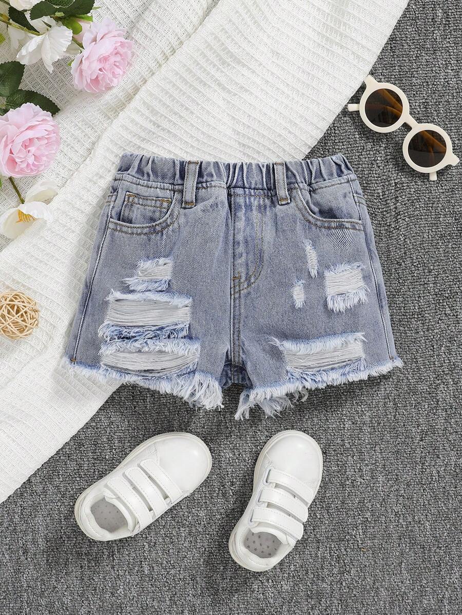 SHEIN Toddler Girls Ripped Raw Hem Denim Shorts - Light Wash - View 1