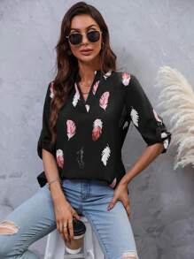 EMERY ROSE Feather Print Notched Neckline Roll Tab Sleeve Blouse - Black - View 1
