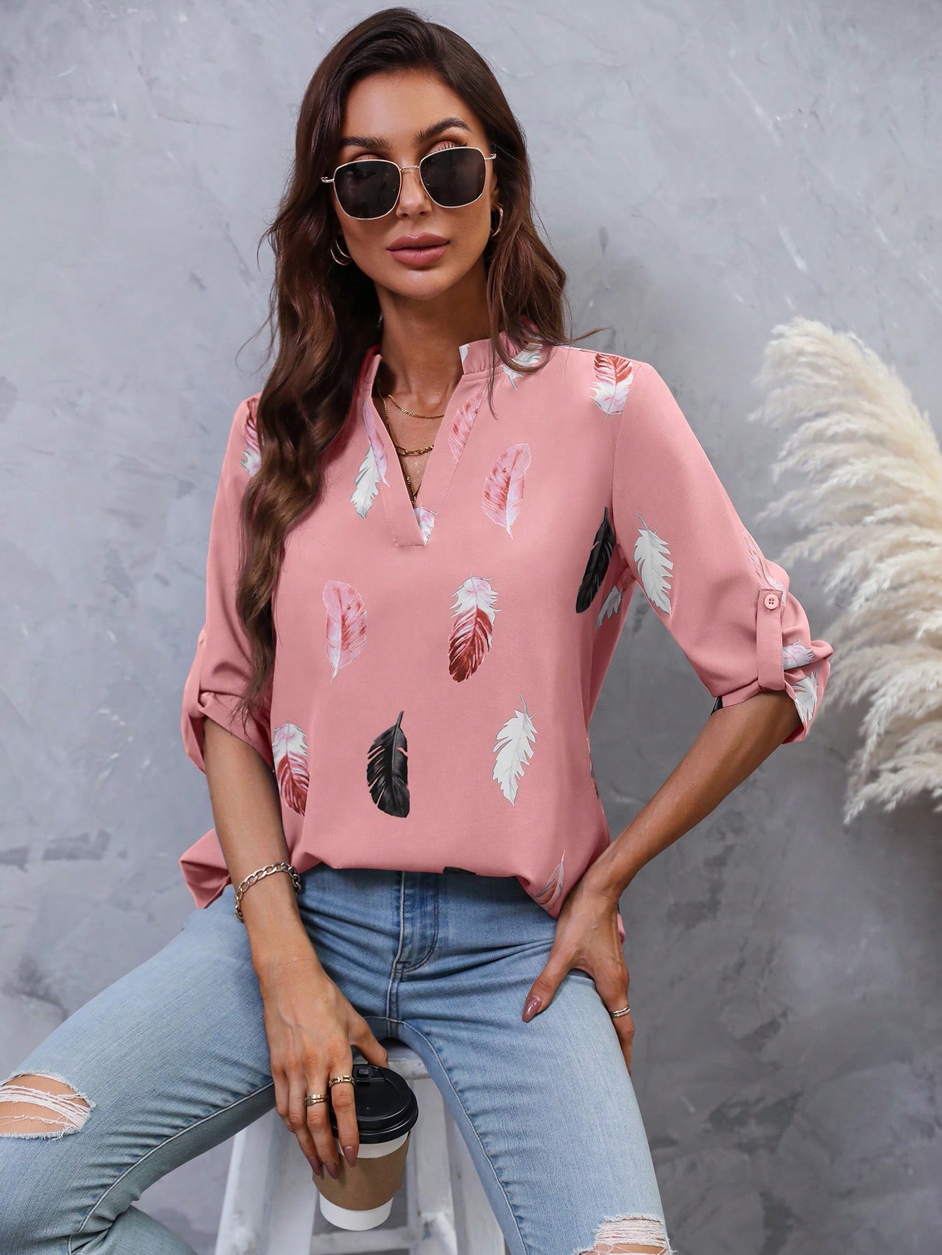 Feather Print Roll Tab Sleeve Blouse SHEIN USA