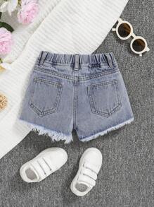 SHEIN Toddler Girls Ripped Raw Hem Denim Shorts - Light Wash - View 2