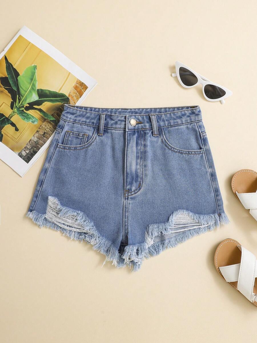 SHEIN Teen Girls Ripped Raw Hem Denim Shorts - Medium Wash - View 1