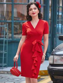 MUXXN Ruffle Trim Bodycon Dress - Red - View 6