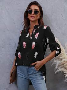 EMERY ROSE Feather Print Notched Neckline Roll Tab Sleeve Blouse - Black - View 6