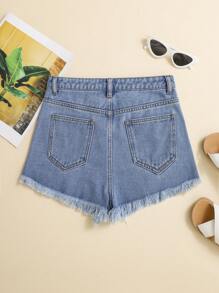 SHEIN Teen Girls Ripped Raw Hem Denim Shorts - Medium Wash - View 2