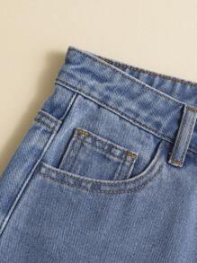 SHEIN Teen Girls Ripped Raw Hem Denim Shorts - Medium Wash - View 4